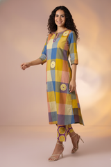 Colorburst Checks Cotton Long Kurta With Side Twist