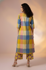 Colorburst Checks Cotton Long Kurta With Side Twist