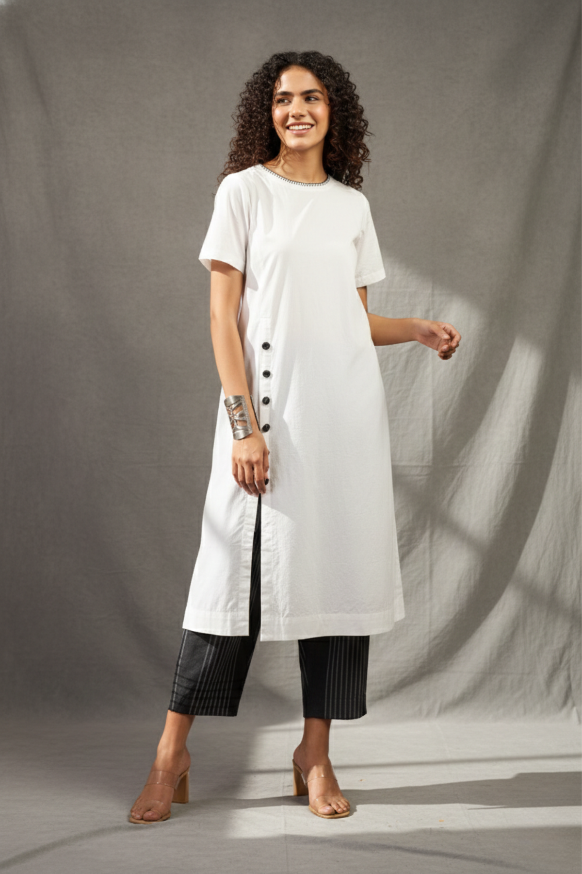 Coord Set - Porcelain Thread Front Button Down Slit Kurta & Grey Stripes Pants (set of 2)
