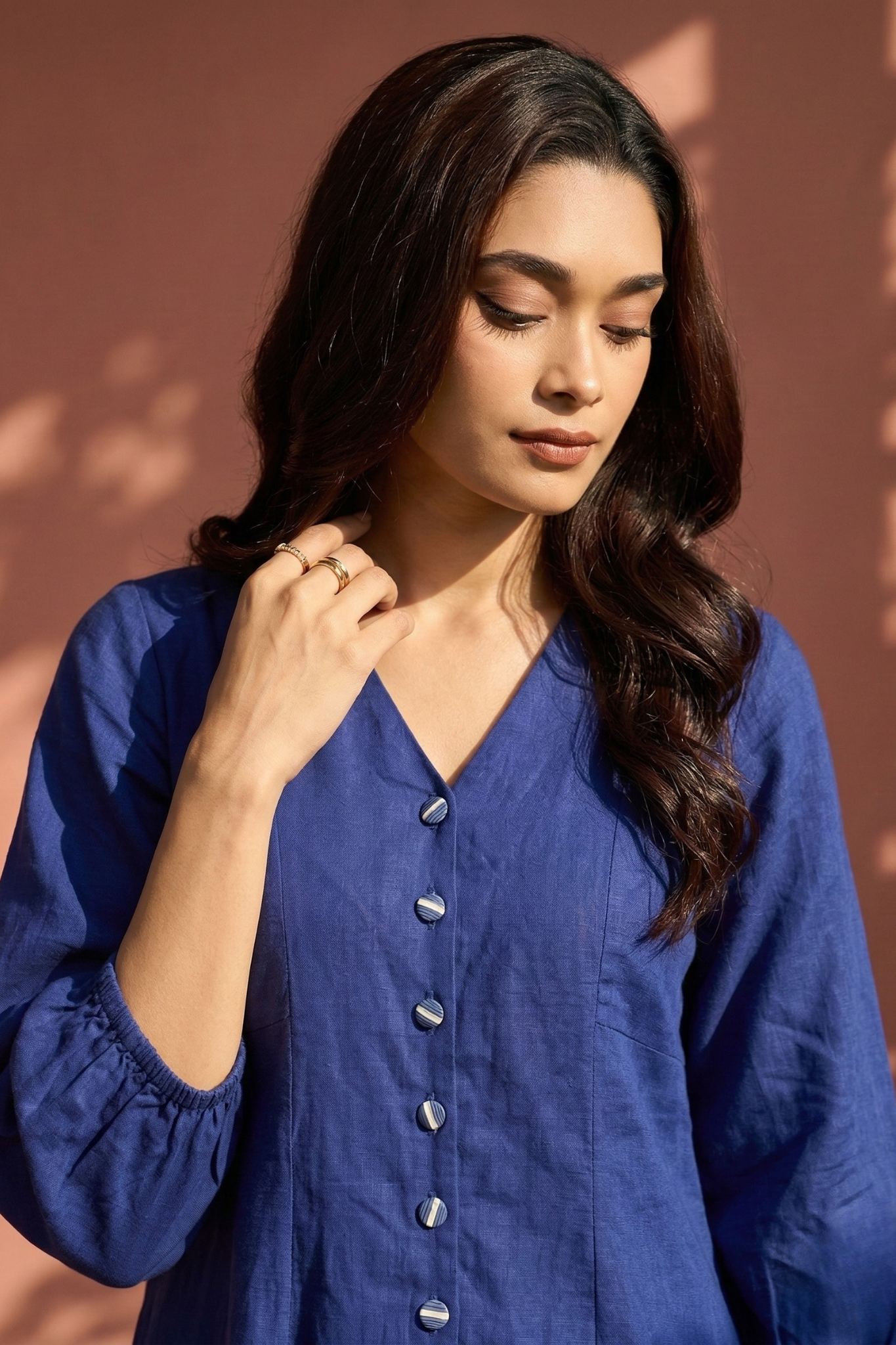 Cosmic Violet Front Button Cotton Dress With Ruffle Border