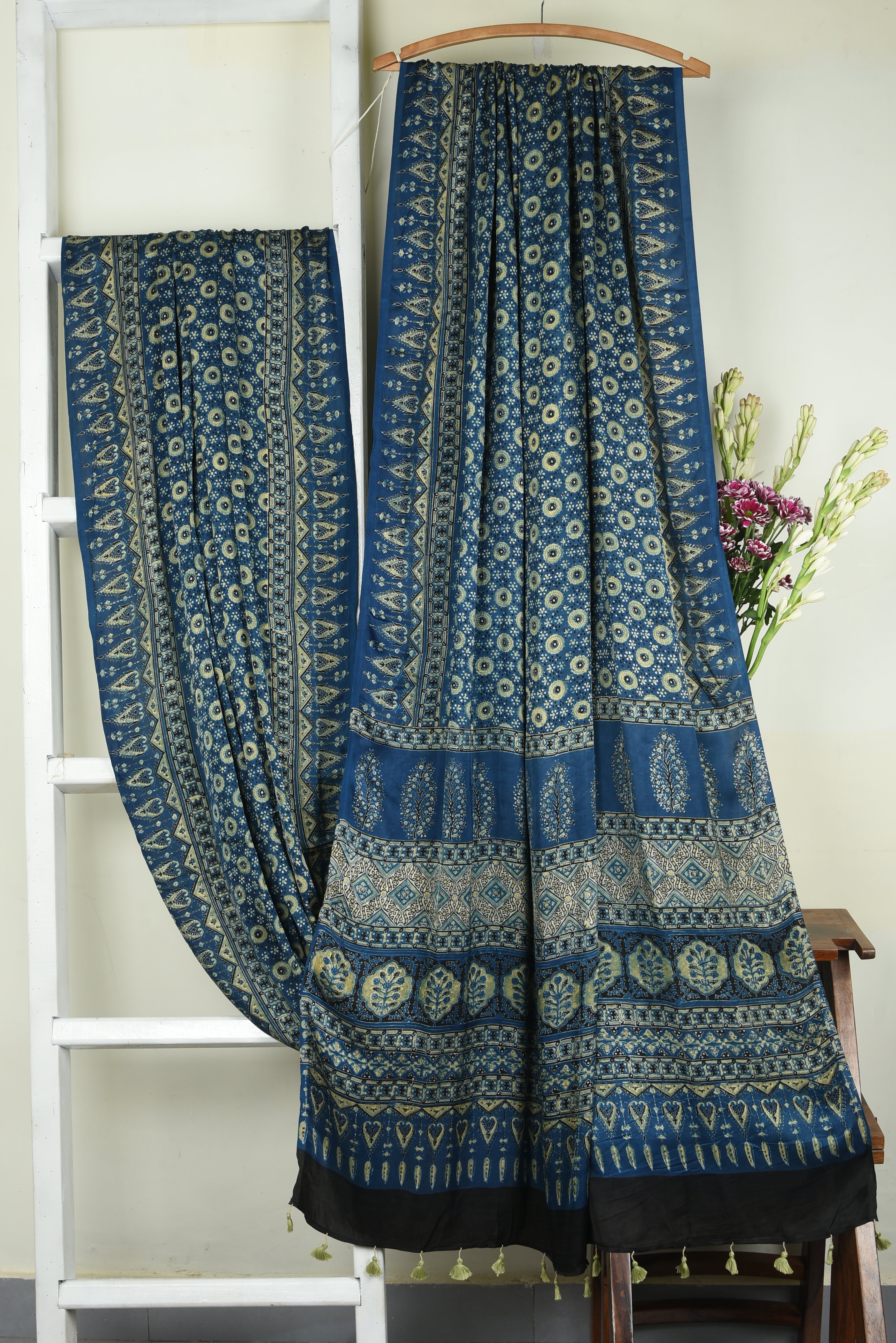 ajrakh modal silk sarees - sapphire gold & flora essence