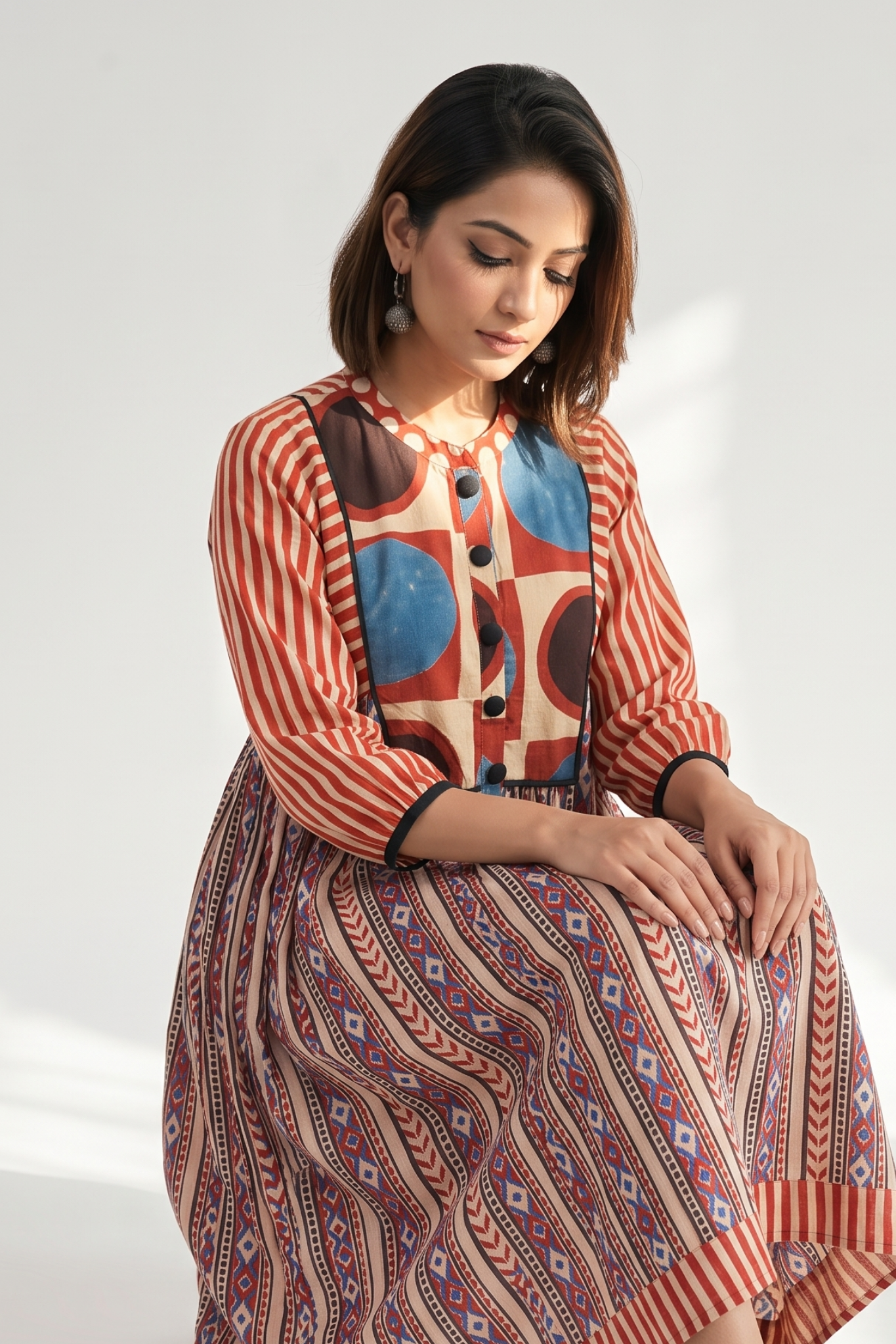 Crimson Kalamkari Cotton Gather Dress with Yoke
