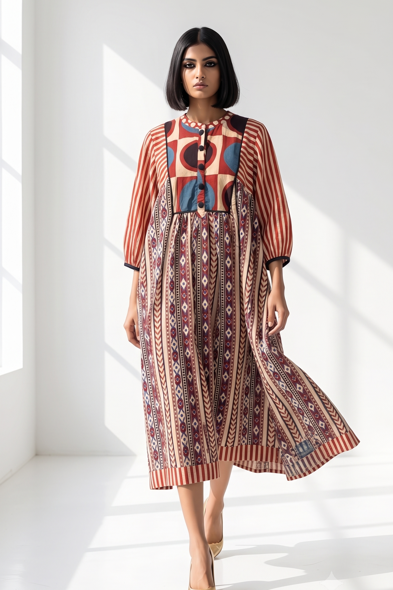 Crimson Kalamkari Cotton Gather Dress with Yoke