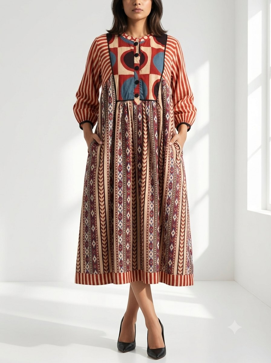 Crimson Kalamkari Cotton Gather Dress with Yoke