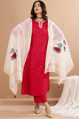 handwoven maheshwari dupatta - parrot applique & ivory