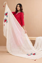 handwoven maheshwari dupatta - parrot applique & ivory