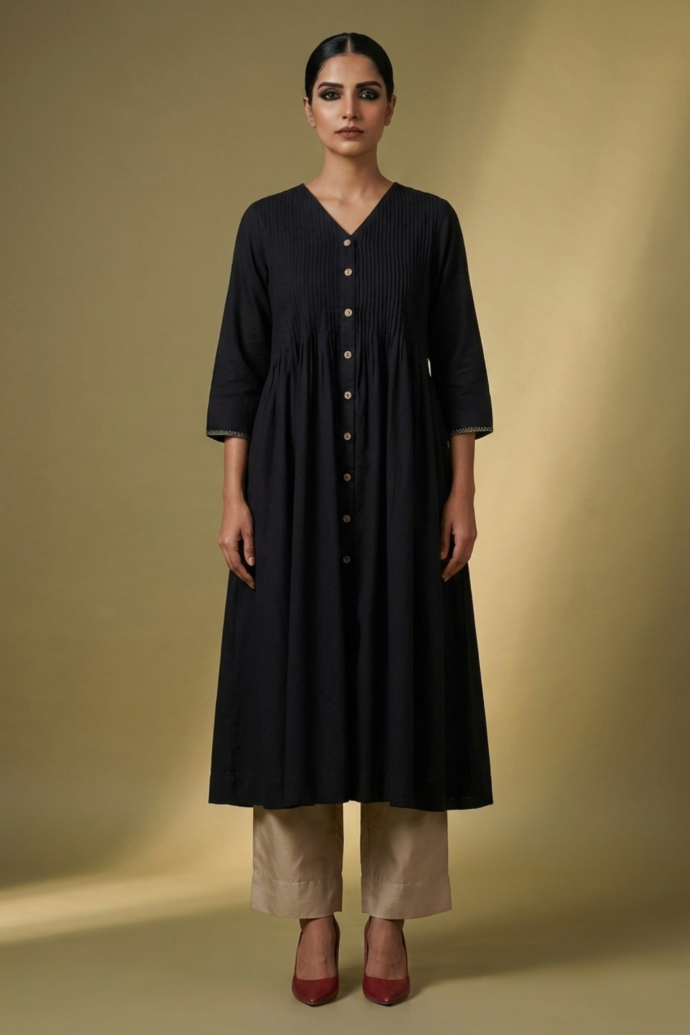 Ebony with Beige Whisper V-neck Infinity Pintuck Dress