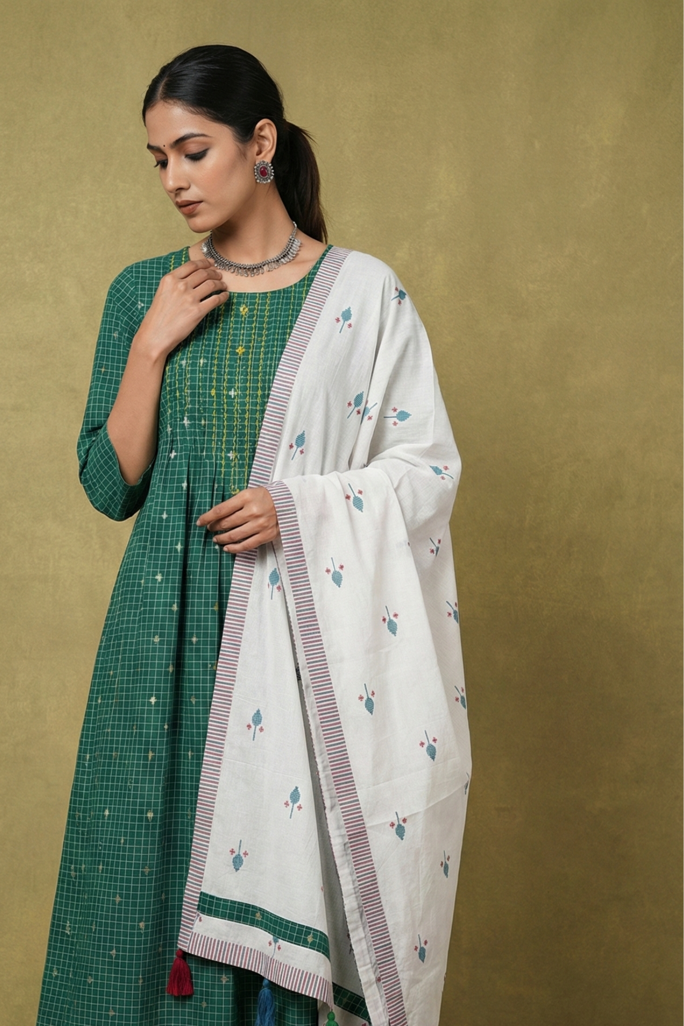 Emerald Pin Bloom Cotton Kurta With Pintuck