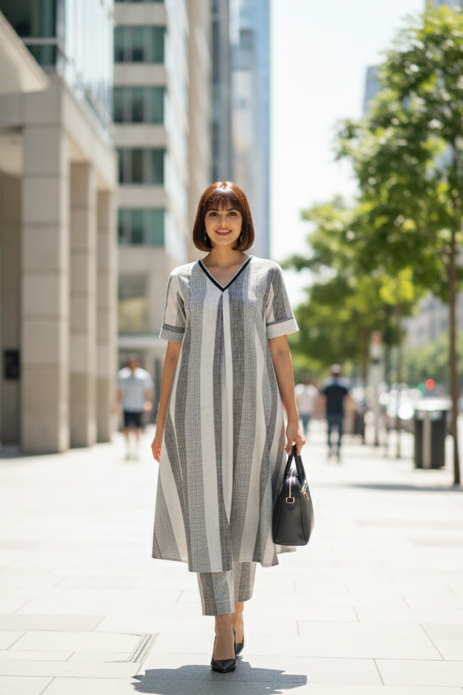 Co-ord Set Ash Bands Modern Box Pleated Cotton Kurta & Pants