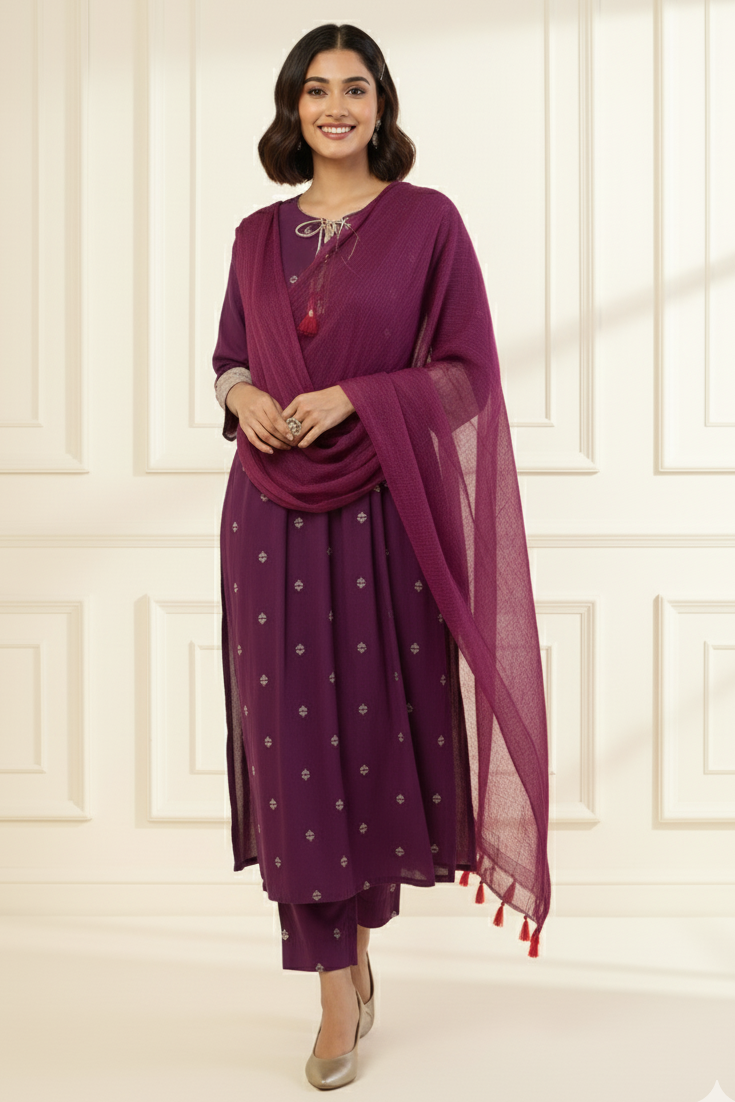 Deep Wine Amber Glow Pintuck Long Kurta
