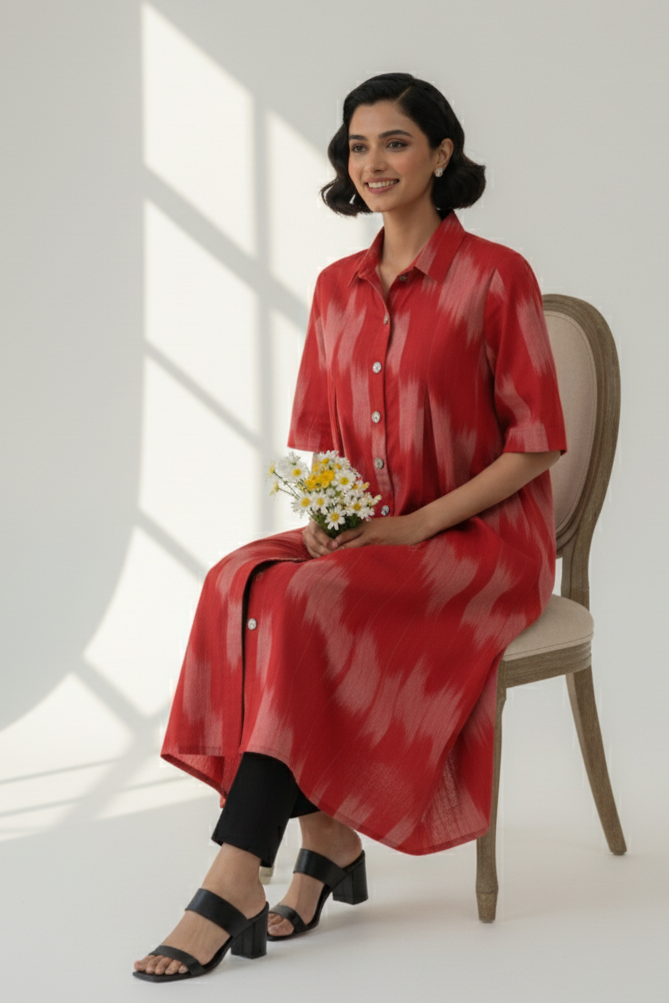 Ash Rose Cotton Ikat Box Pleat Button Down Shirt Dress