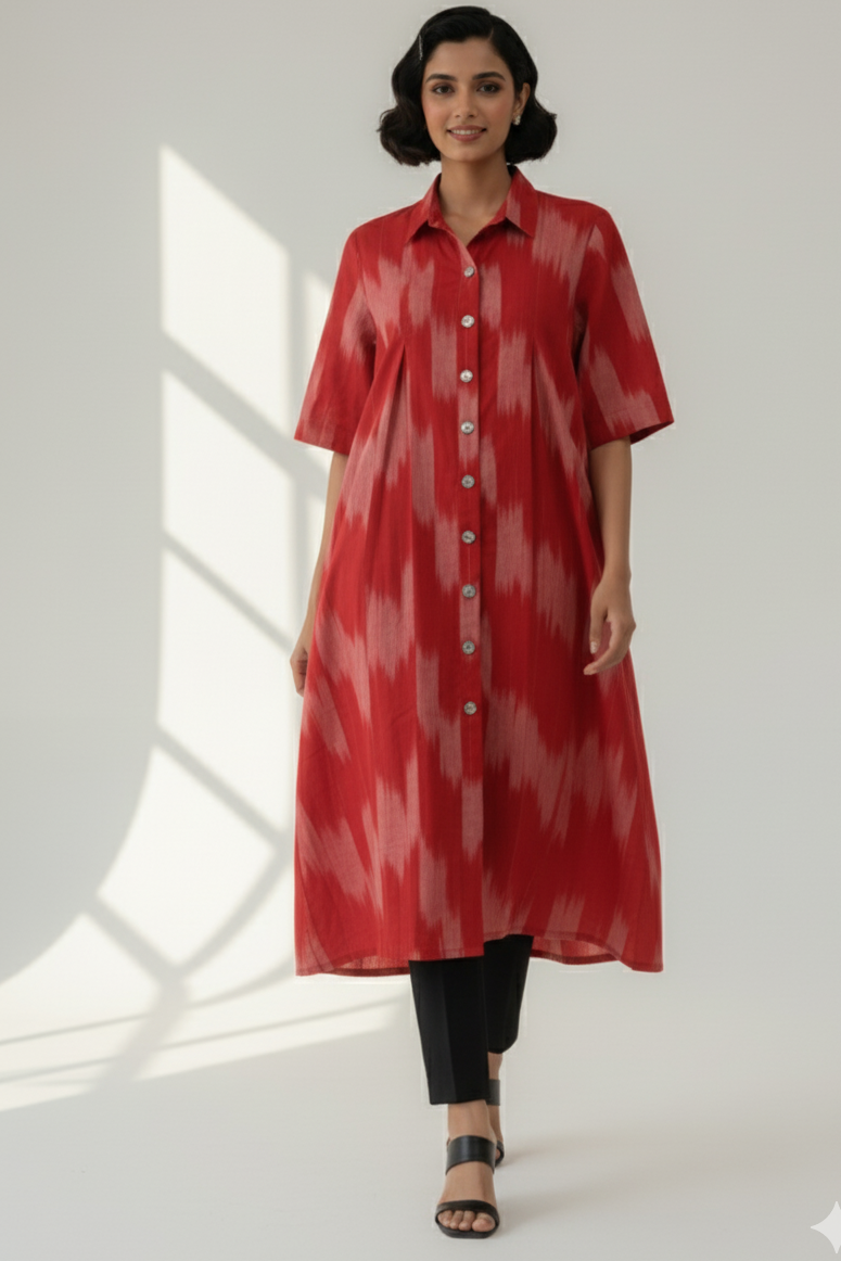Ash Rose Cotton Ikat Box Pleat Button Down Shirt Dress
