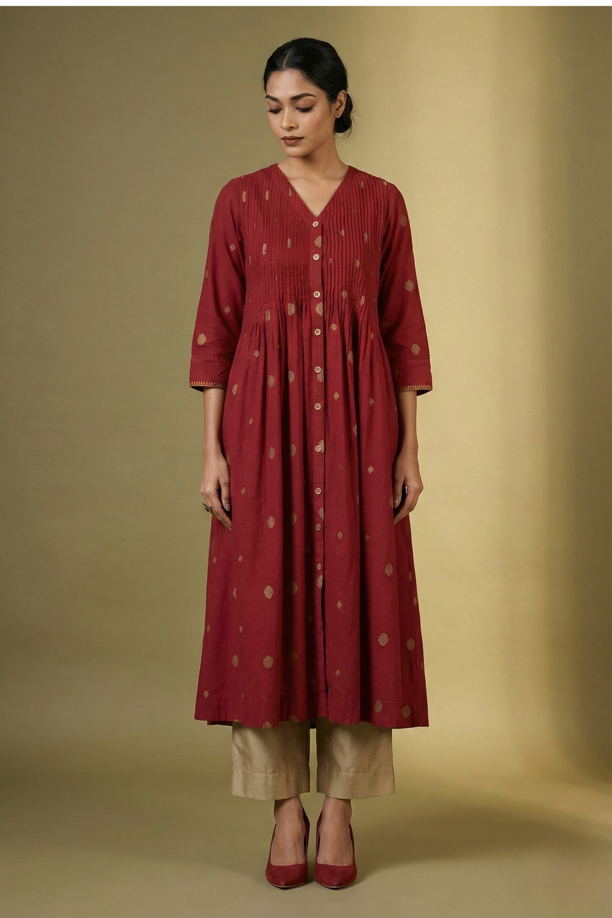 Gilded Crimson Polka V-neck Infinity Pintuck Dress