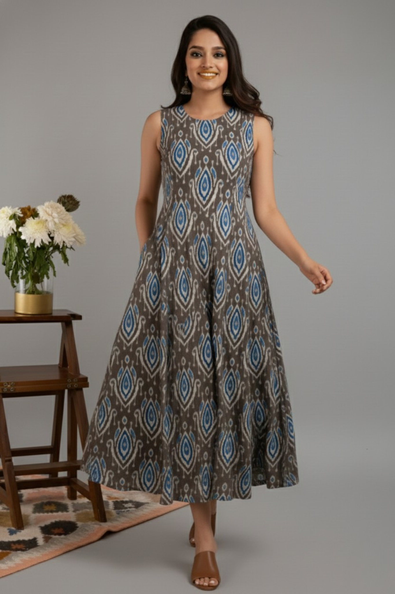 Grey Aqua Rhythm Long Sleeveless Dress