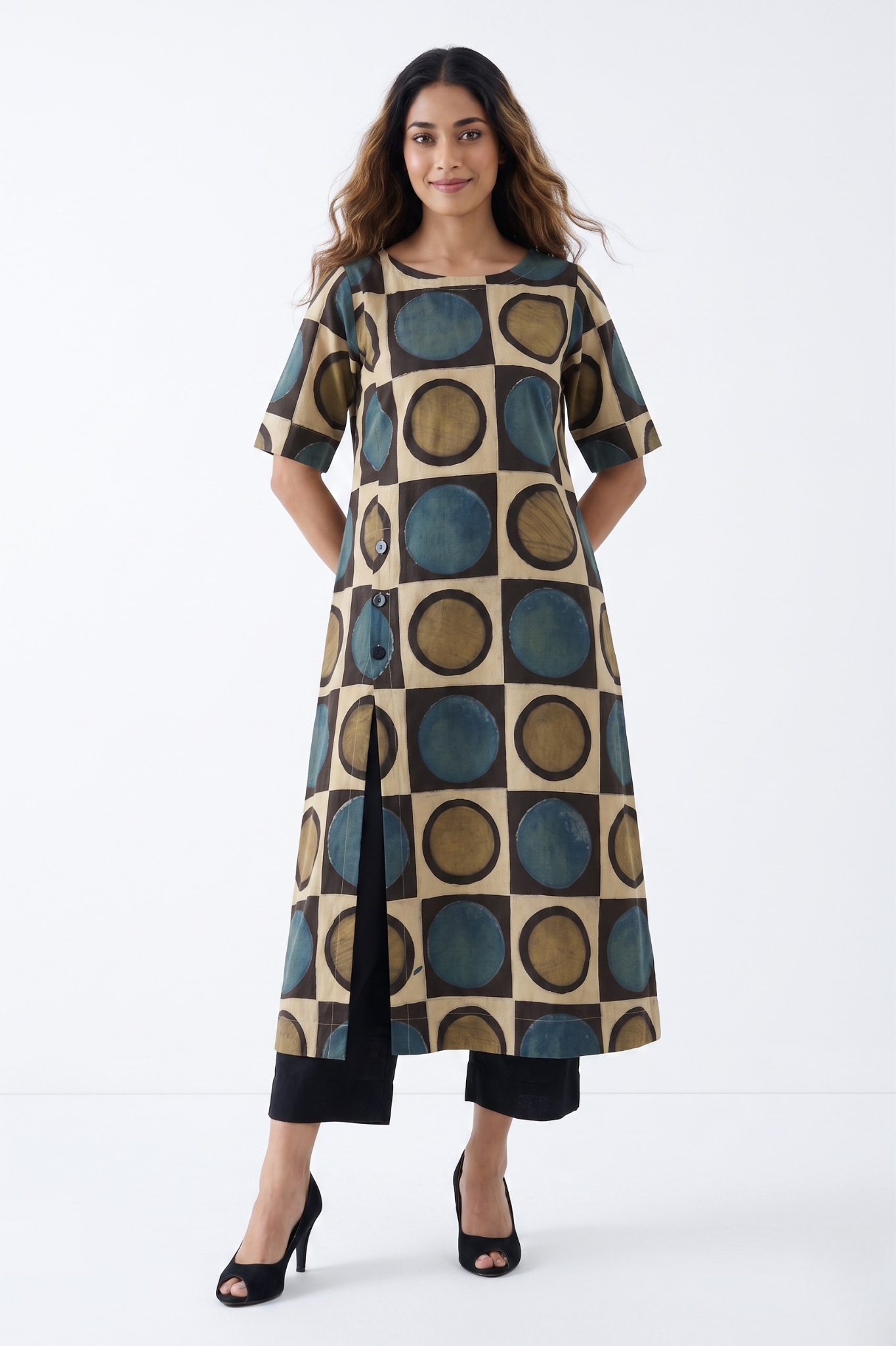 Henna Dust Indigo Ajrakh side button adjustable slit kurta