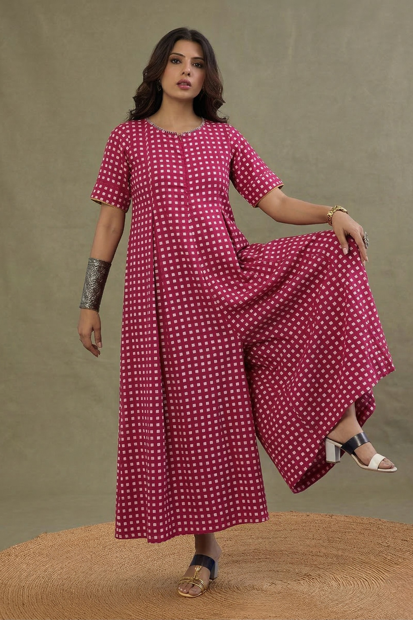Hot Pink Grid Front Zipper Cotton Jumpsuit with Pockets & Sleeves