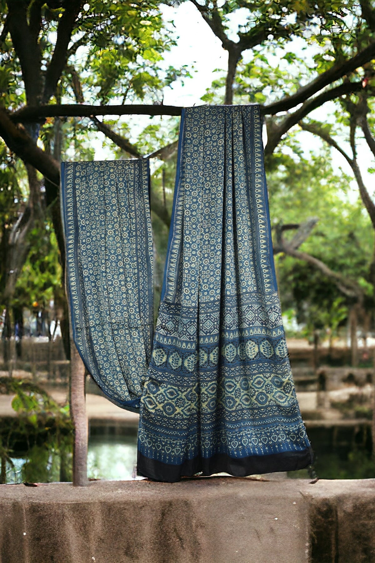 ajrakh modal silk sarees - azure twilight & gold hues