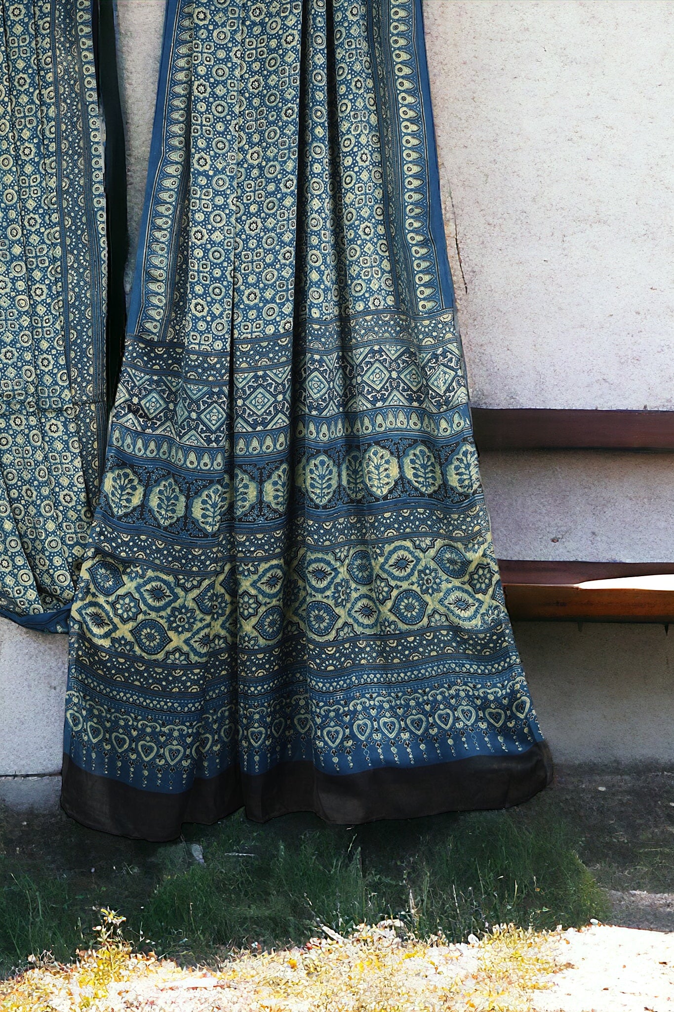 ajrakh modal silk sarees - azure twilight & gold hues