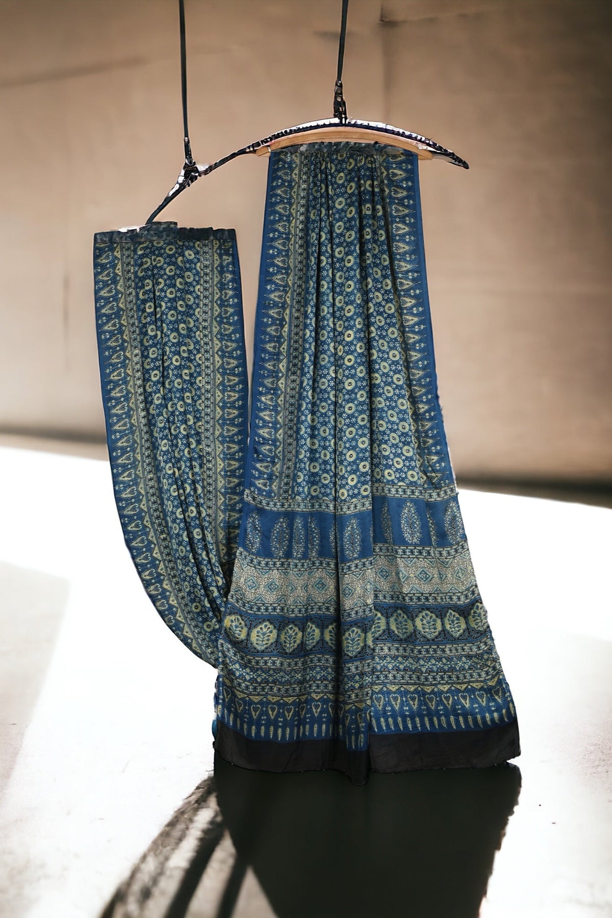 ajrakh modal silk sarees - sapphire gold & flora essence