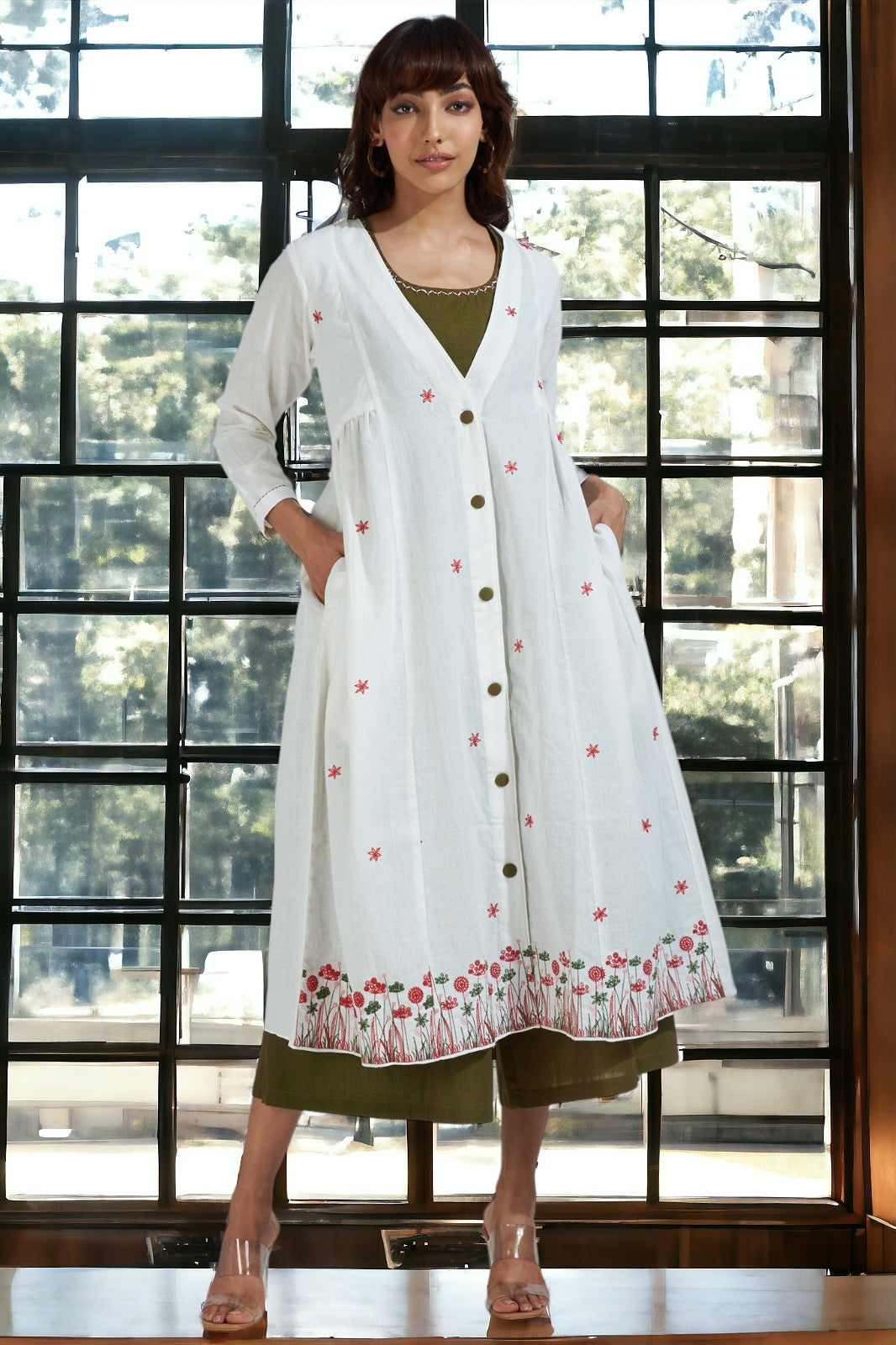 deep v-neck button down jacket with gathers - ivory elegance & crimson bouquet