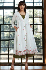 deep v-neck button down jacket with gathers - ivory elegance & crimson bouquet