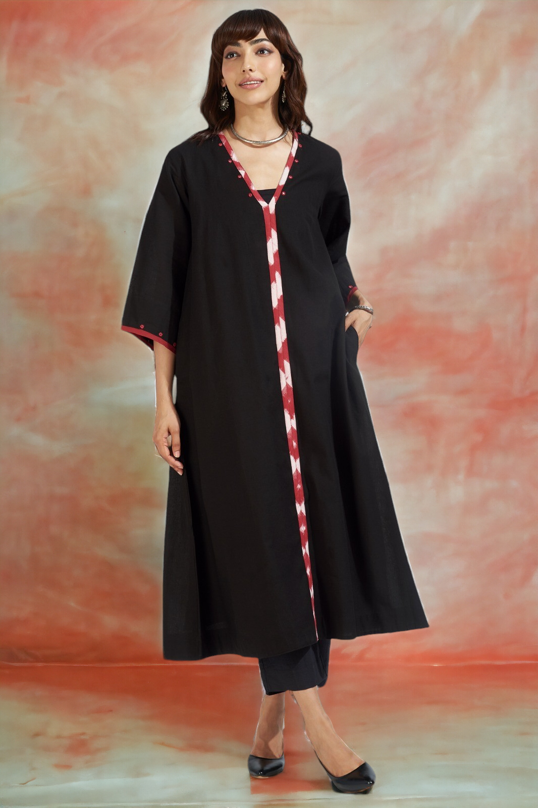 deep v-neck bell sleeves resort dress - ebony hues & fiery reflections