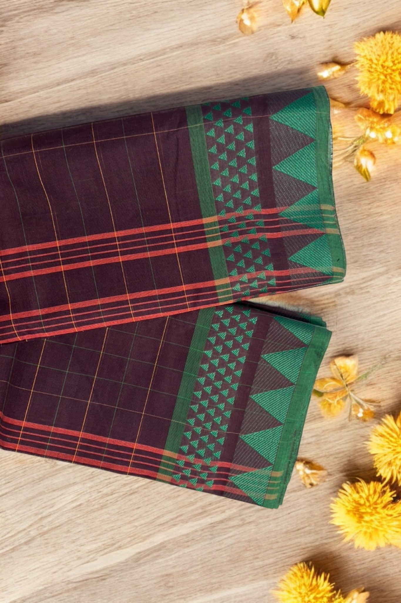 chettinad cotton saree - deep mauve checks & temple border
