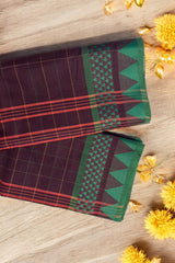 chettinad cotton saree - deep mauve checks & temple border