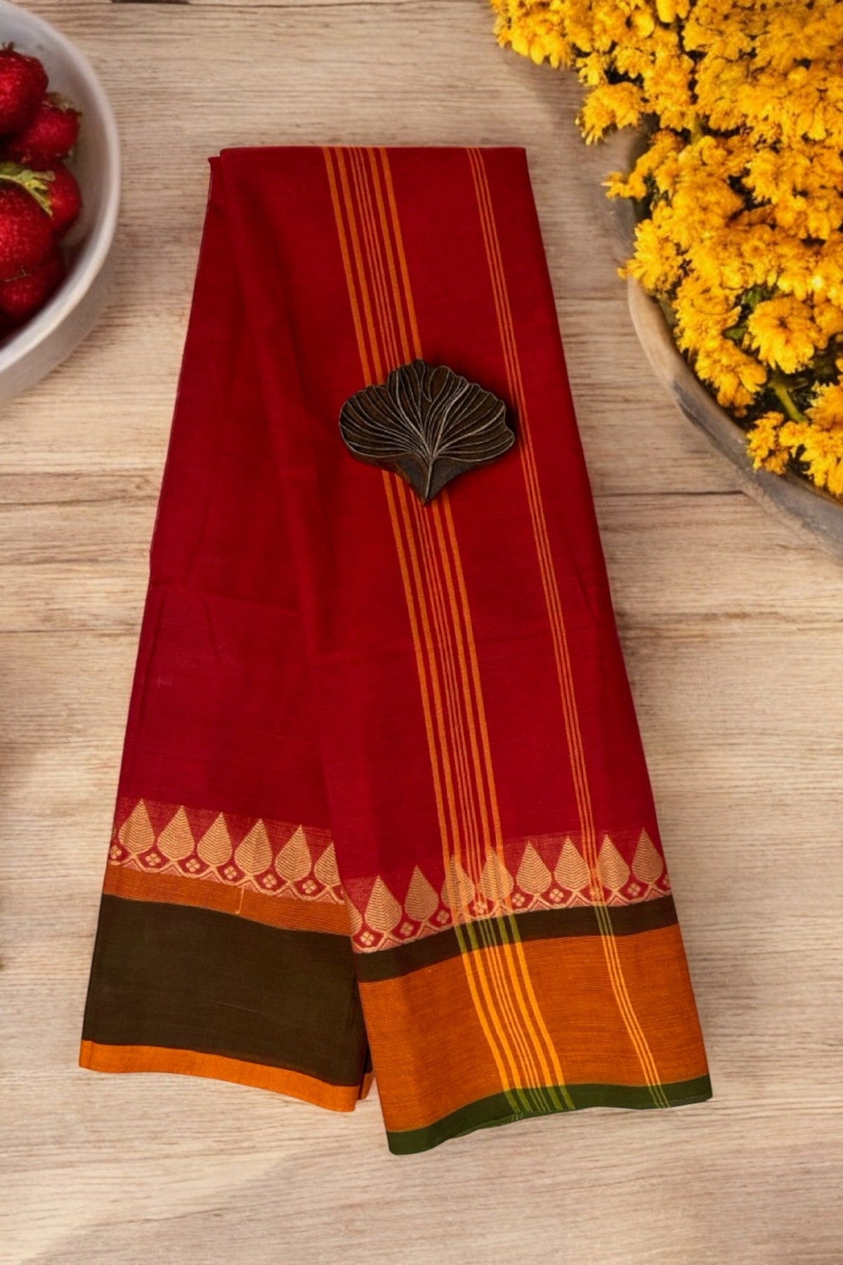 chettinad cotton saree - Celebratory Red & Leaf Gold Border
