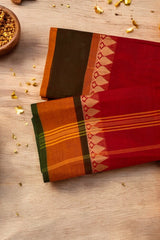 chettinad cotton saree - Celebratory Red & Leaf Gold Border