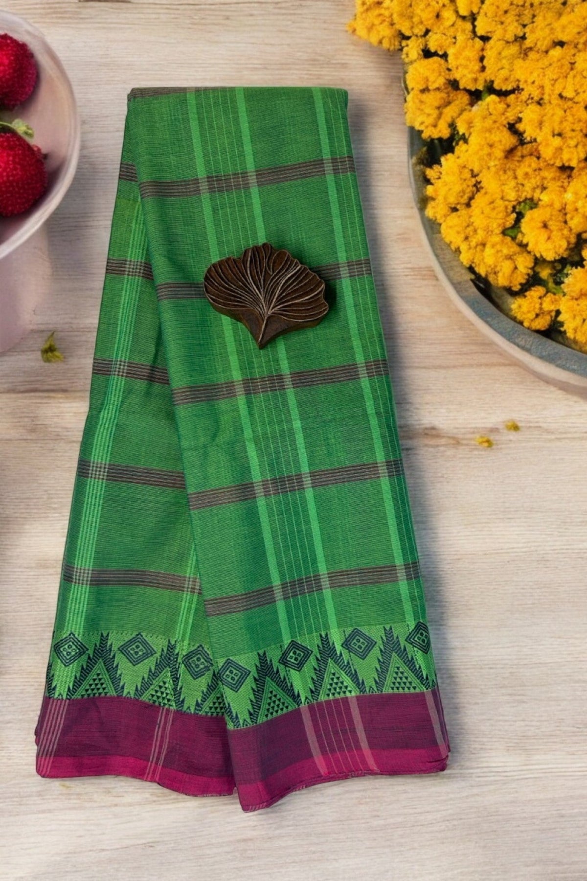 chettinad cotton saree - Green Canopy & Purple border