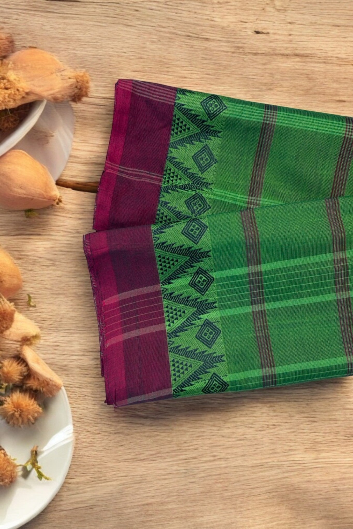 chettinad cotton saree - Green Canopy & Purple border