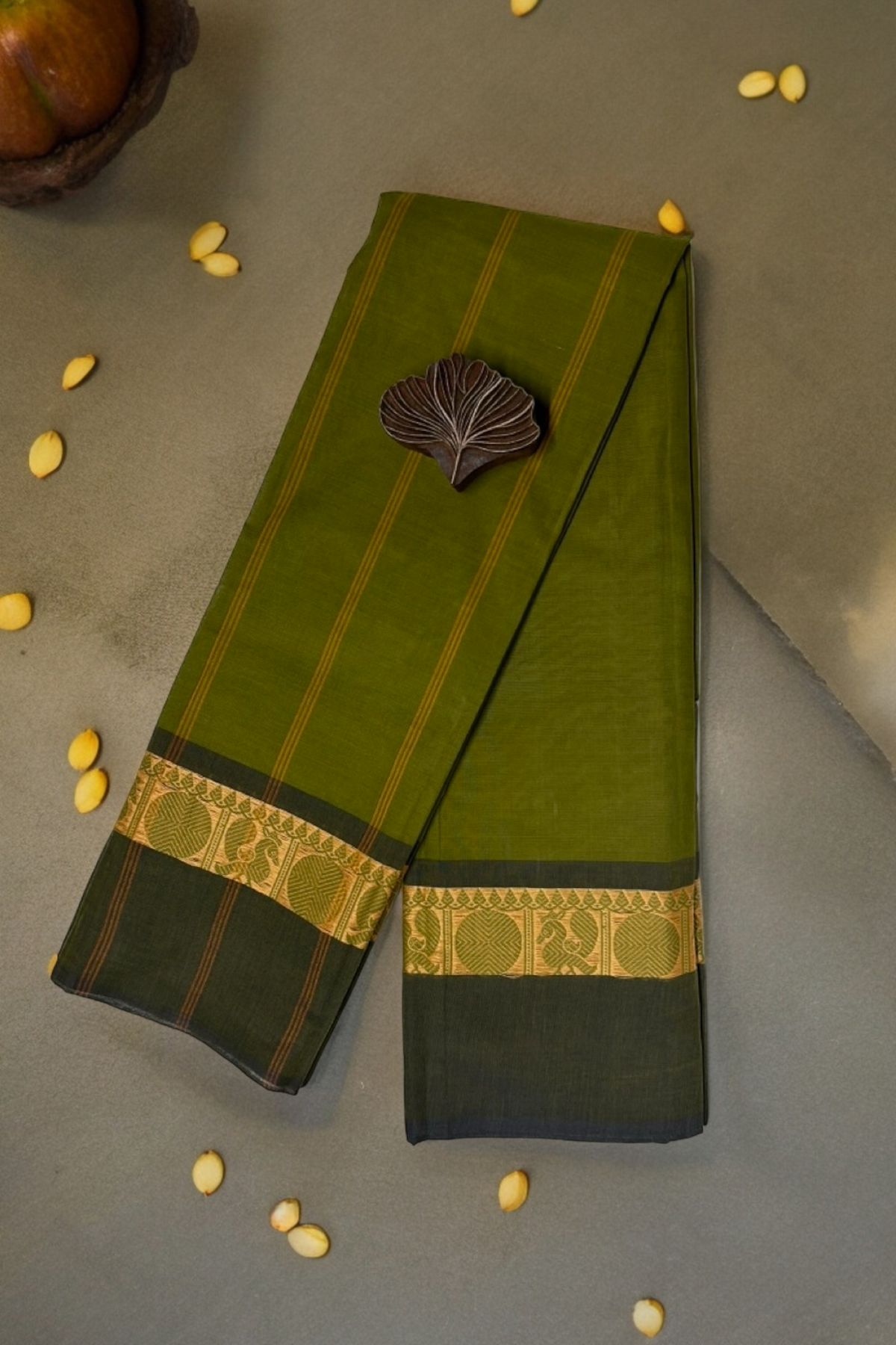 chettinad cotton saree - olive green & gold peacock