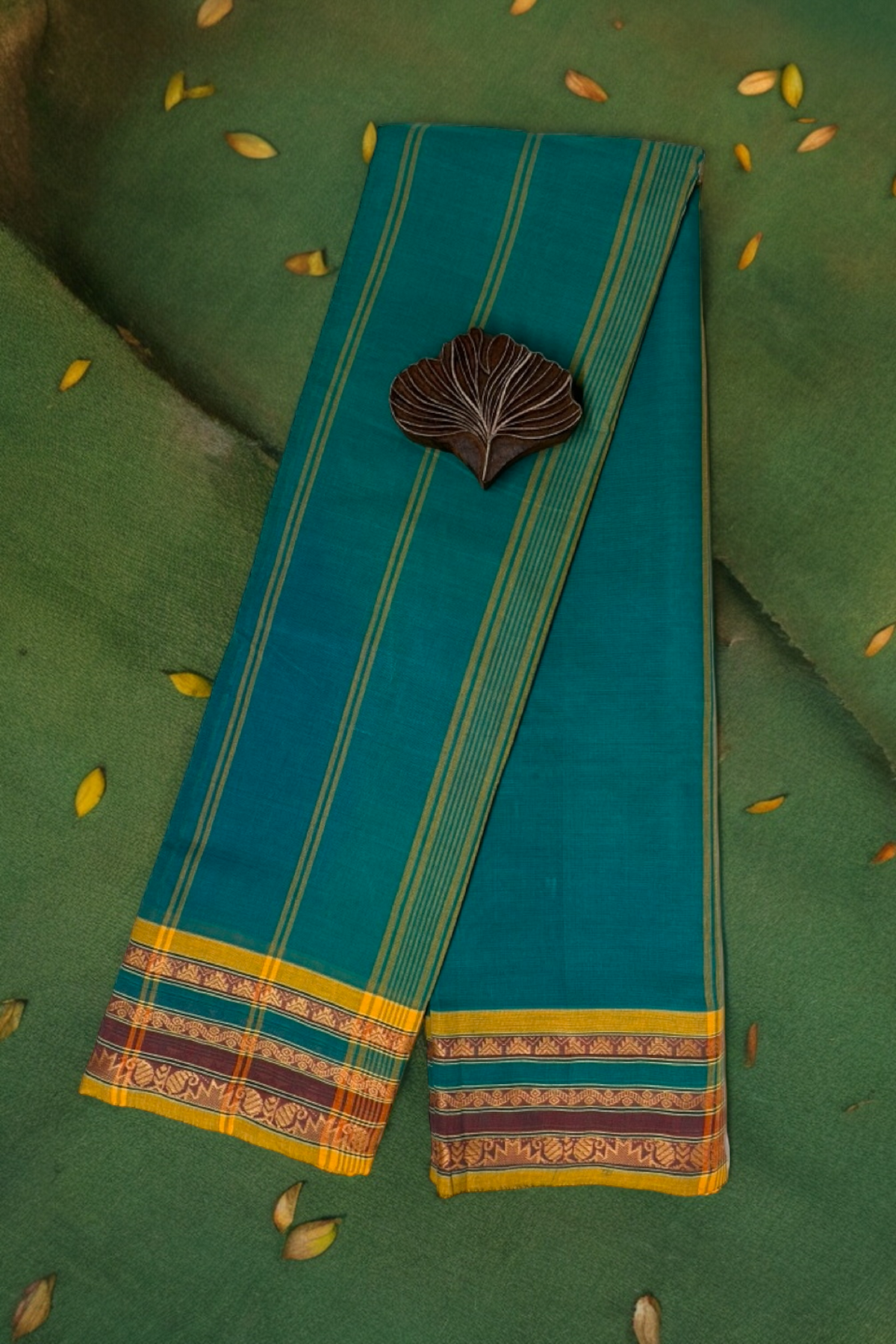 chettinad cotton saree - sea green & gold border