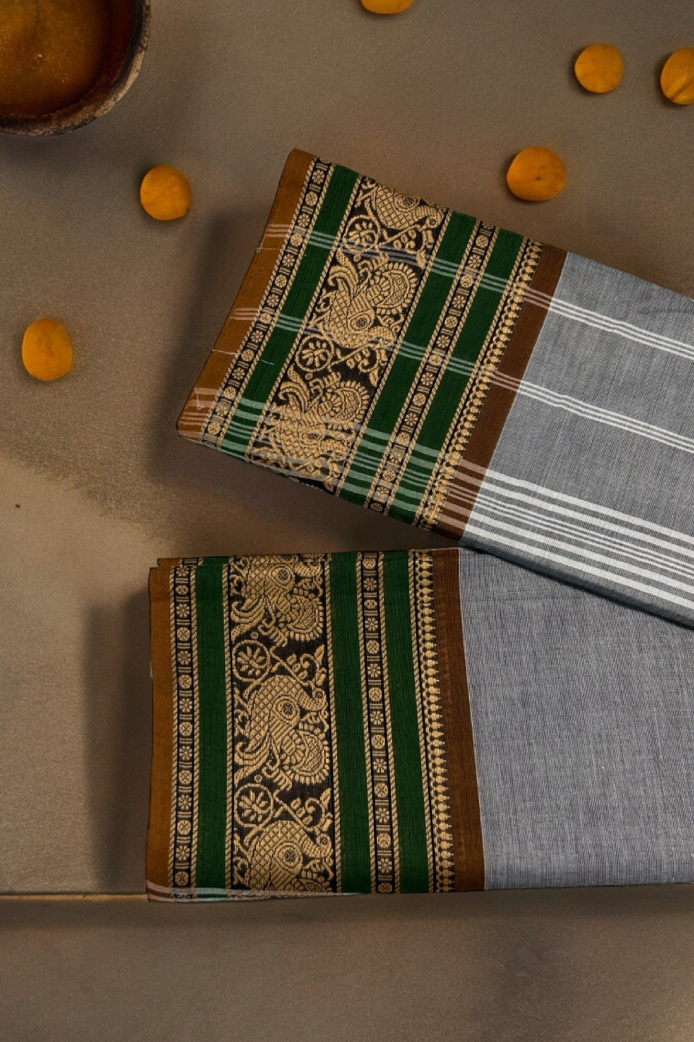 chettinad cotton saree - ash grey & gold peacocks