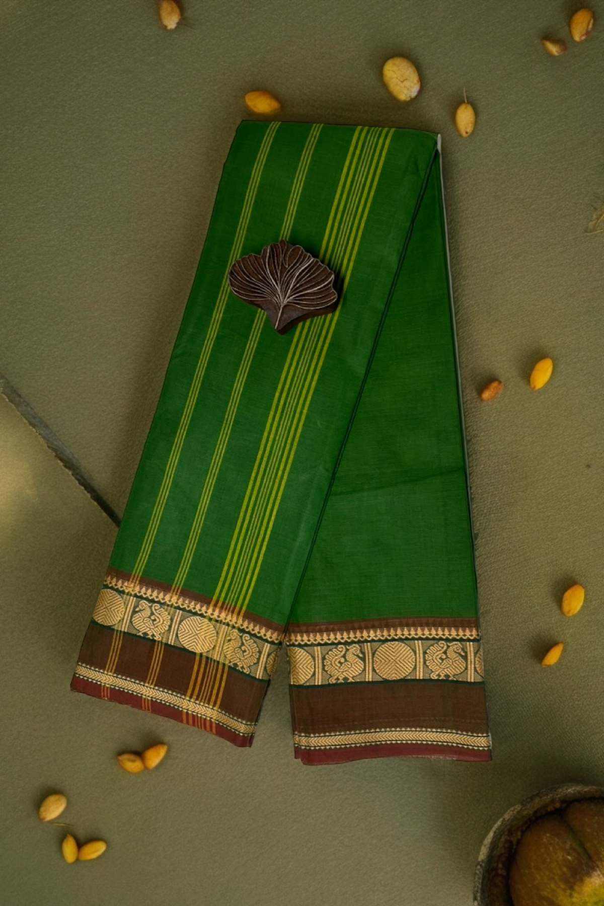 chettinad cotton saree - earthy green & brown border