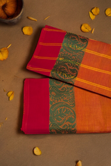 chettinad cotton saree - light tangerine & pink border