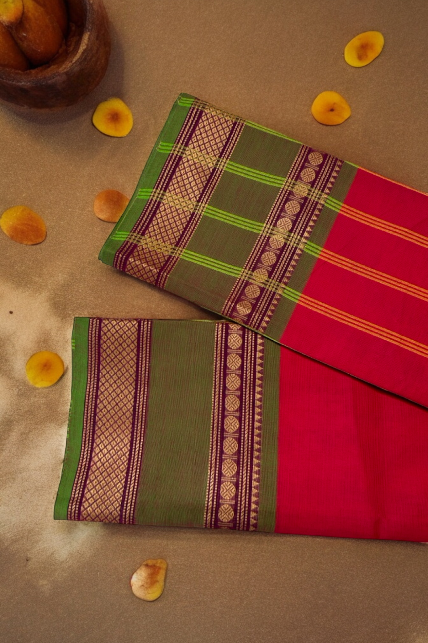 chettinad cotton saree - bright pink & bold green border