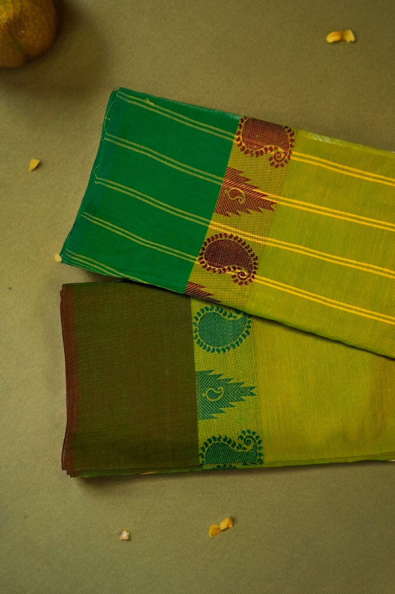 chettinad cotton saree - leaf green & dual border