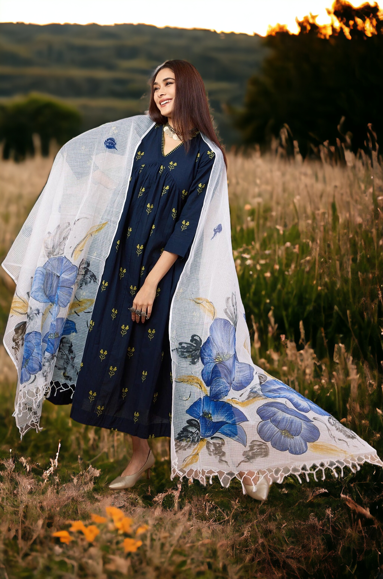 hand-painted kota dupatta - indigo bluebells & leaves