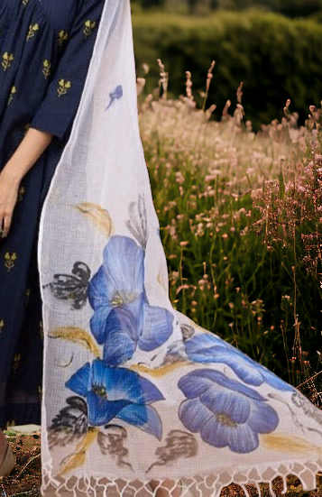hand-painted kota dupatta - indigo bluebells & leaves