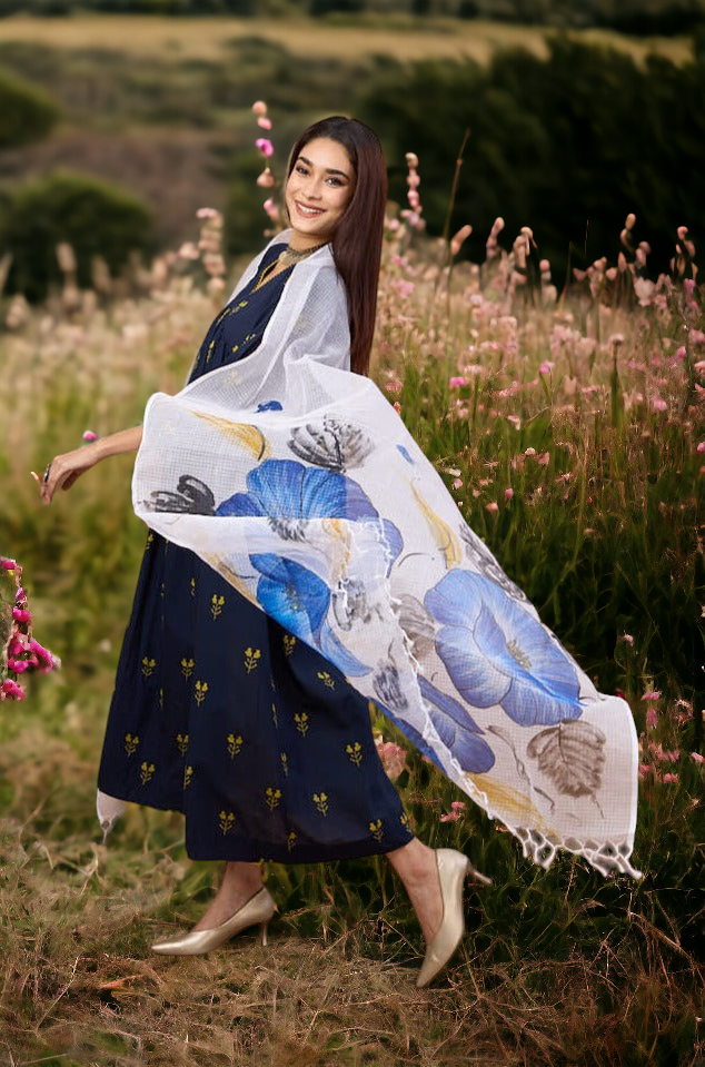 hand-painted kota dupatta - indigo bluebells & leaves