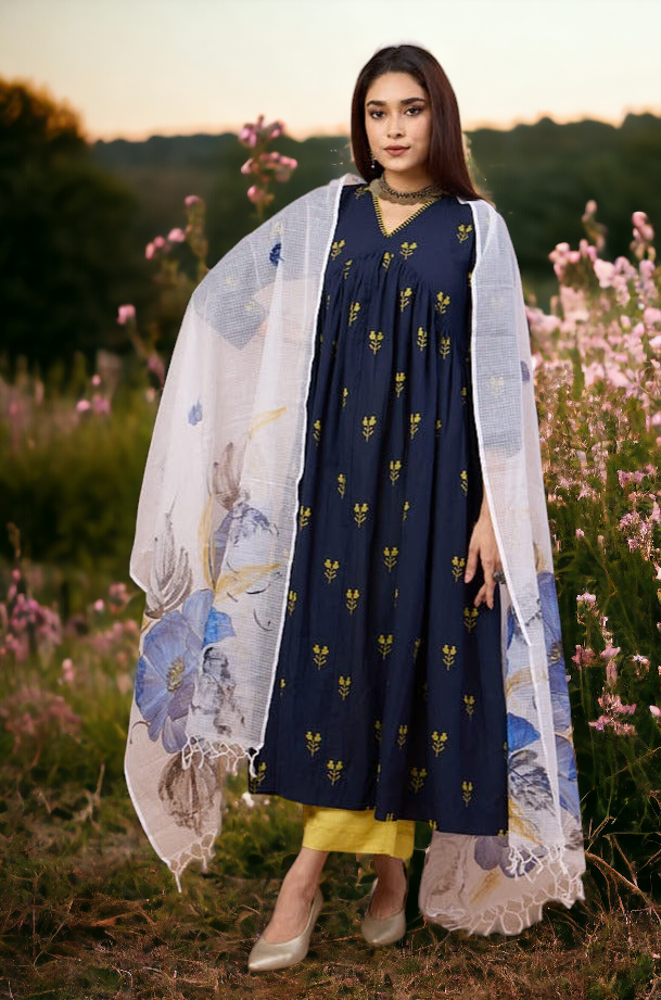 hand-painted kota dupatta - indigo bluebells & leaves
