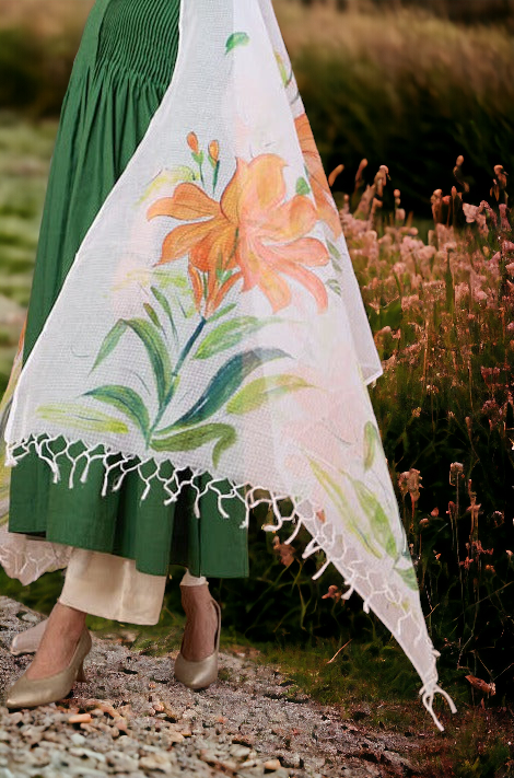 hand-painted kota dupatta - orange kena & leaves