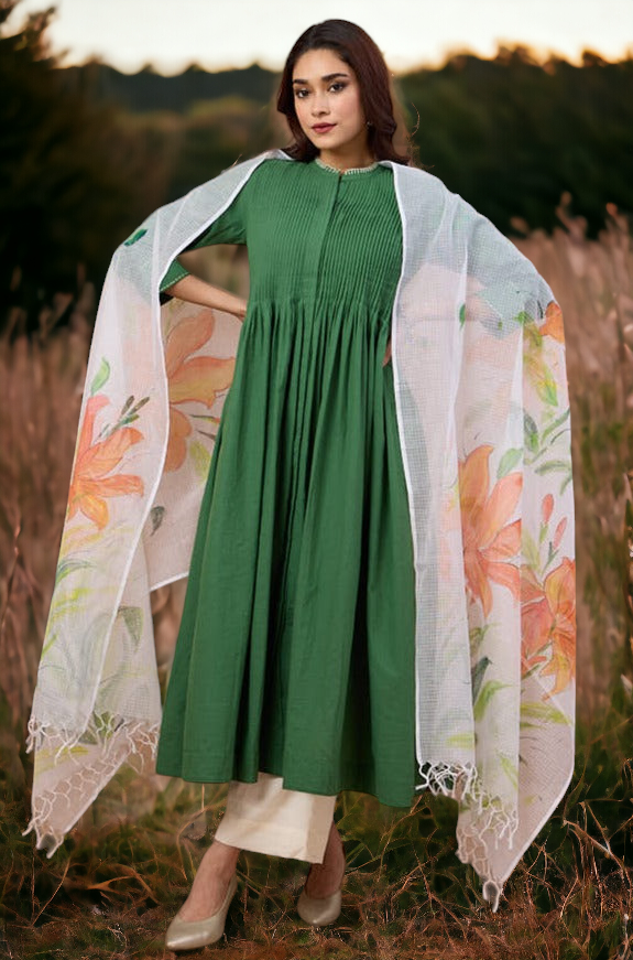 hand-painted kota dupatta - orange kena & leaves
