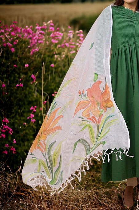 hand-painted kota dupatta - orange kena & leaves
