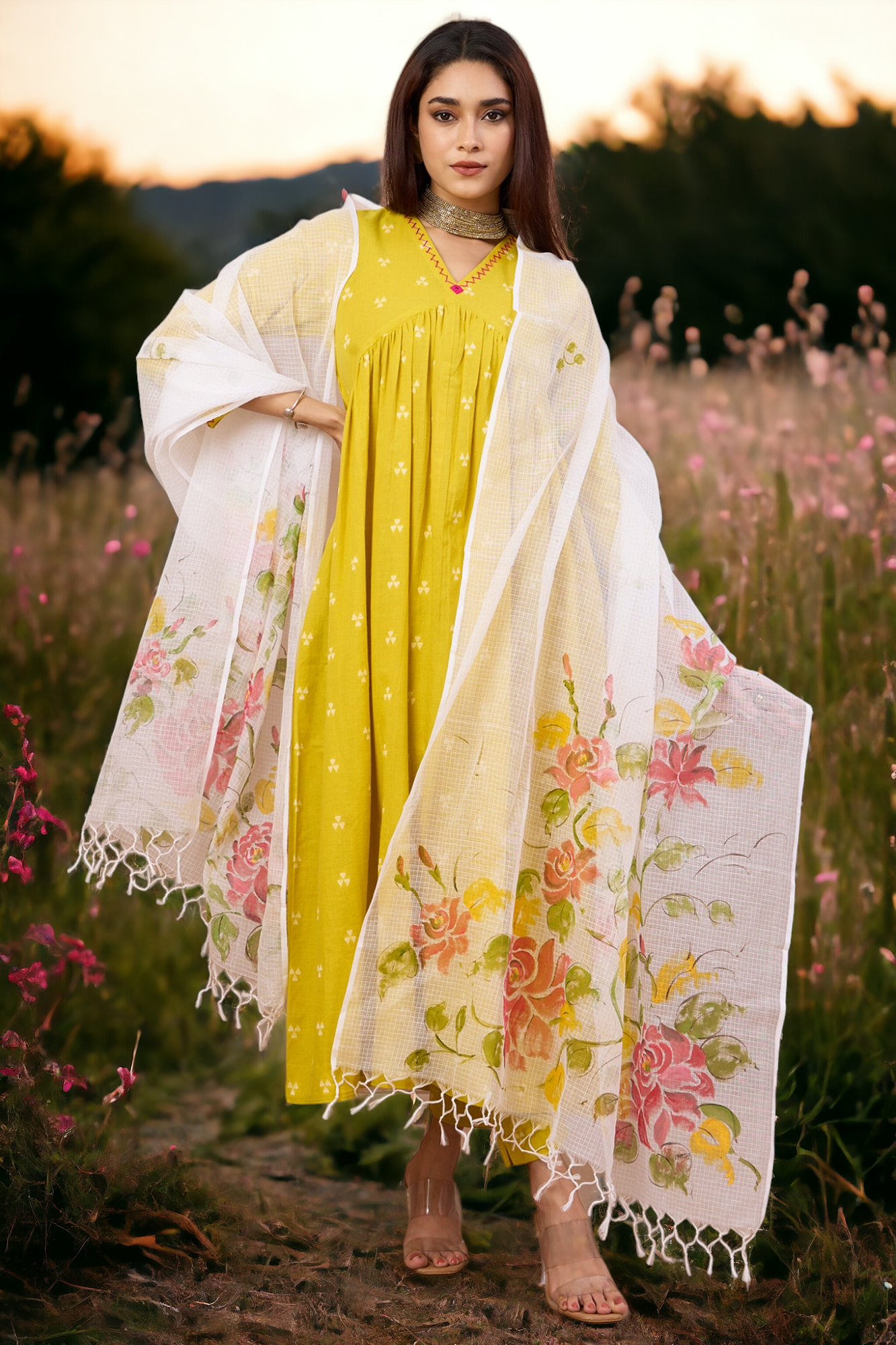 hand-painted kota dupatta - pink roses & leaves