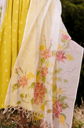 hand-painted kota dupatta - pink roses & leaves