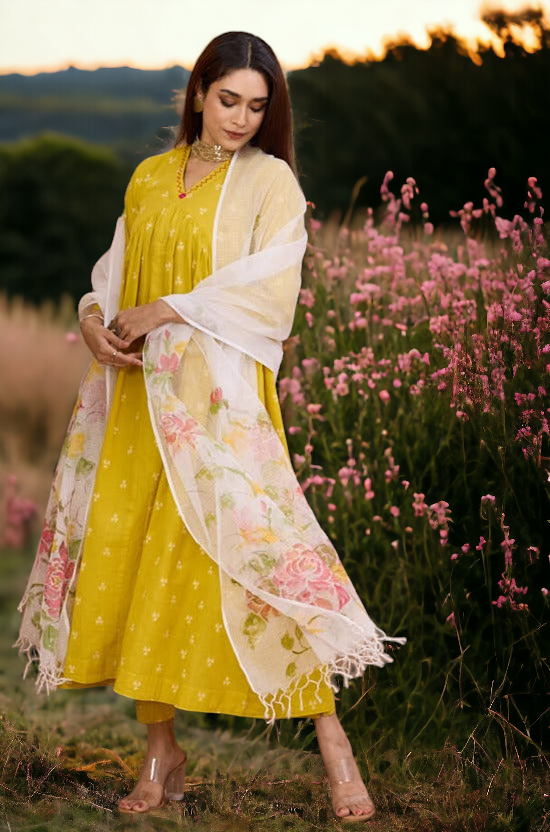 hand-painted kota dupatta - pink roses & leaves