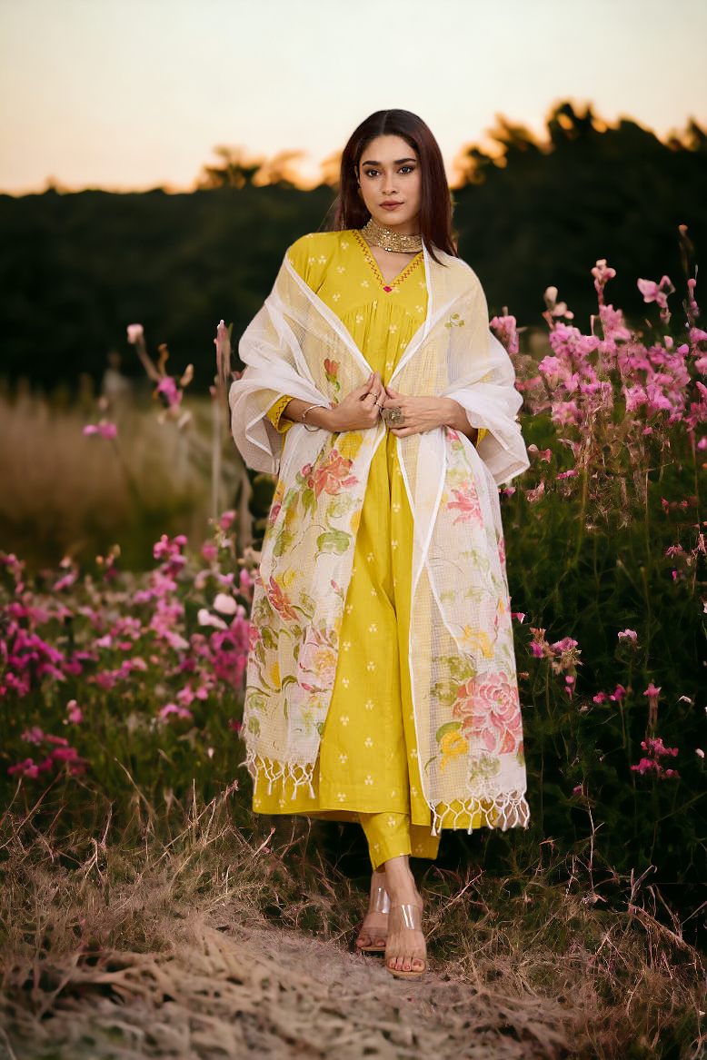 hand-painted kota dupatta - pink roses & leaves